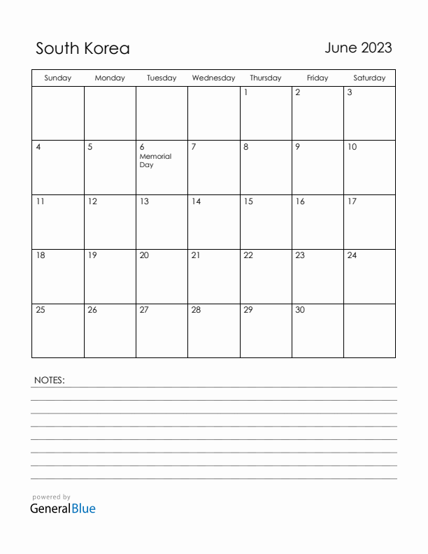 June 2023 South Korea Calendar with Holidays (Sunday Start)