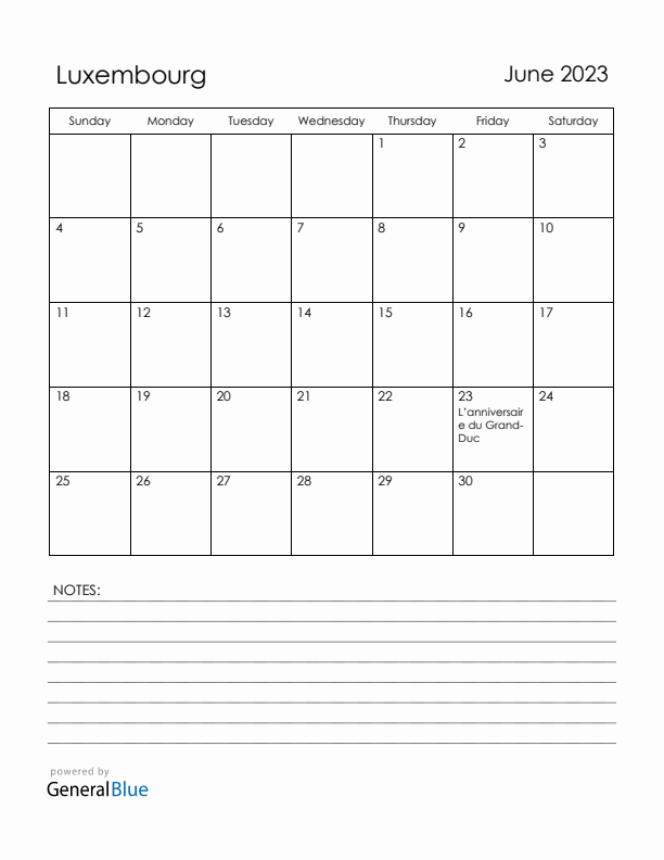 June 2023 Luxembourg Calendar with Holidays (Sunday Start)