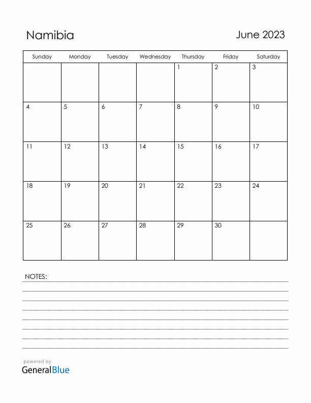 June 2023 Namibia Calendar with Holidays (Sunday Start)