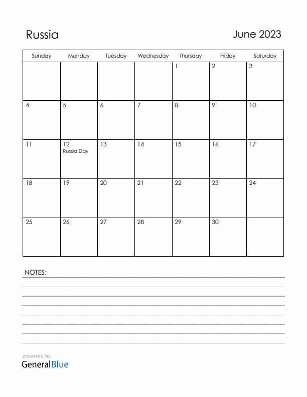 June 2023 Russia Calendar with Holidays (Sunday Start)