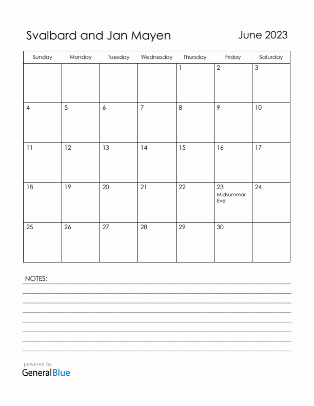 June 2023 Svalbard and Jan Mayen Calendar with Holidays (Sunday Start)