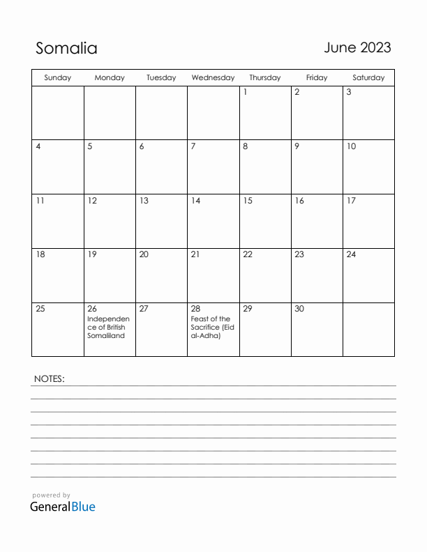 June 2023 Somalia Calendar with Holidays (Sunday Start)