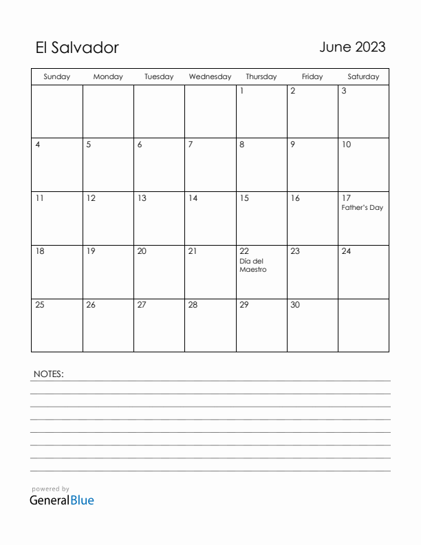 June 2023 El Salvador Calendar with Holidays (Sunday Start)