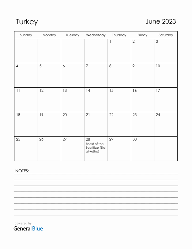 June 2023 Turkey Calendar with Holidays (Sunday Start)