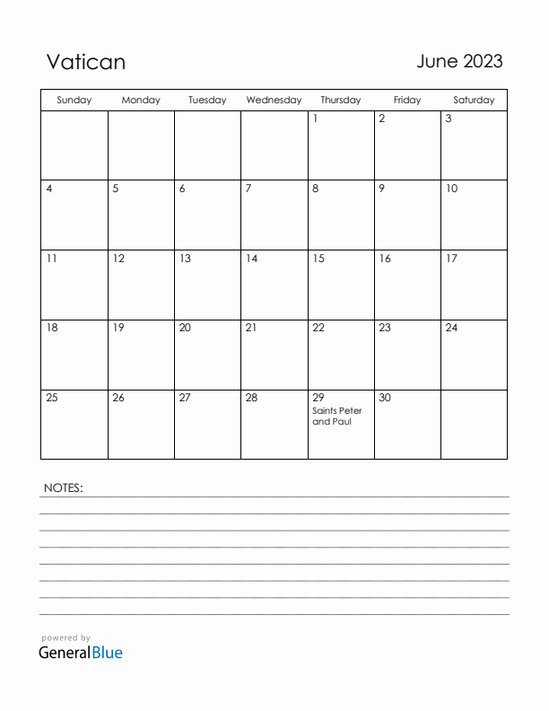 June 2023 Vatican Calendar with Holidays (Sunday Start)