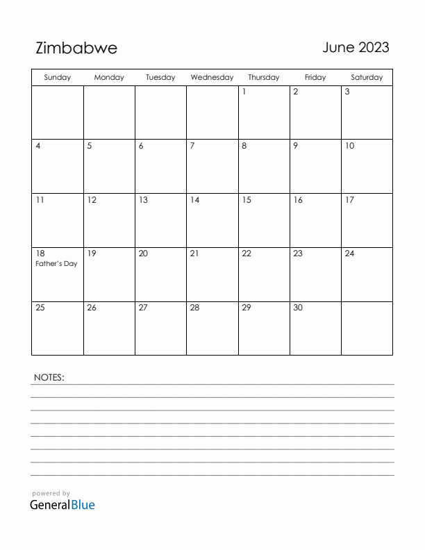 June 2023 Zimbabwe Calendar with Holidays (Sunday Start)