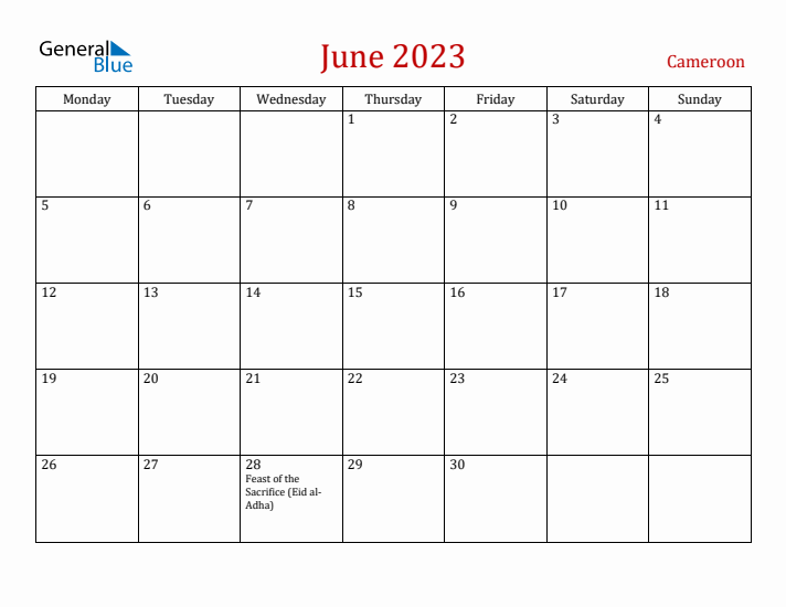 Cameroon June 2023 Calendar - Monday Start