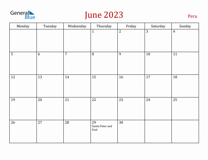 Peru June 2023 Calendar - Monday Start