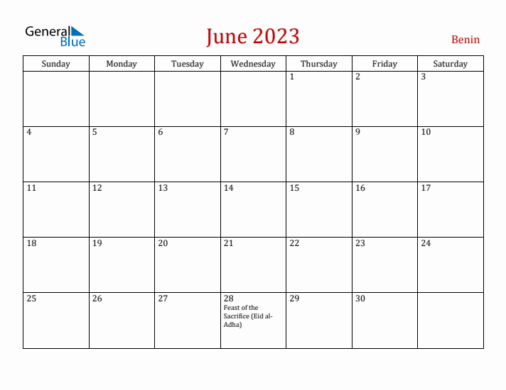 Benin June 2023 Calendar - Sunday Start