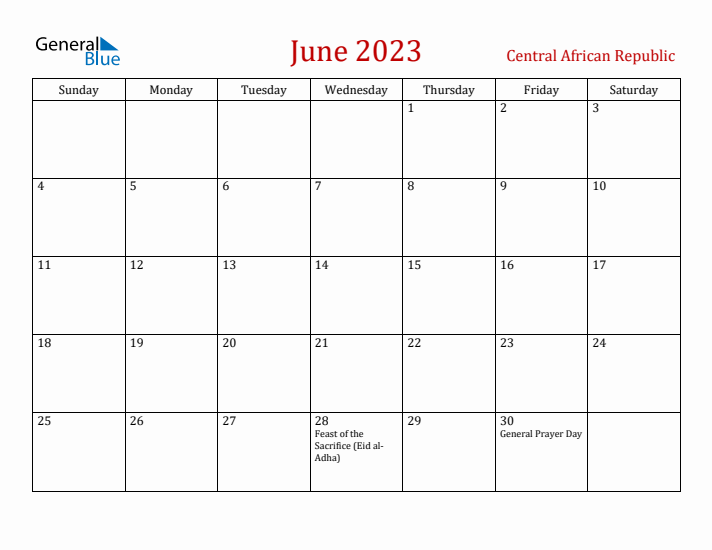 Central African Republic June 2023 Calendar - Sunday Start