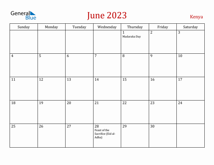 Kenya June 2023 Calendar - Sunday Start