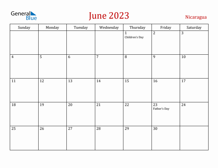 Nicaragua June 2023 Calendar - Sunday Start