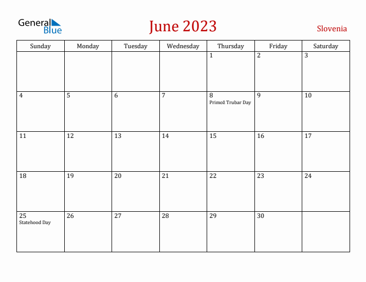 Slovenia June 2023 Calendar - Sunday Start