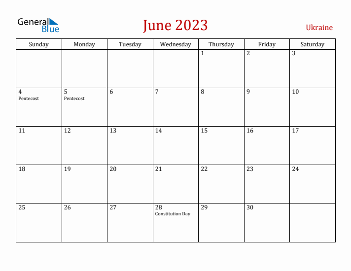 Ukraine June 2023 Calendar - Sunday Start