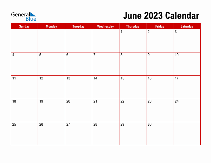 Simple Monthly Calendar - June 2023