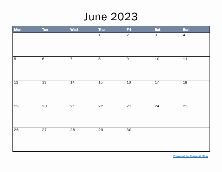 June 2023 Simple Month Calendar Template