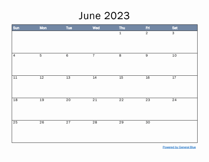 June 2023 Simple Month Calendar Template