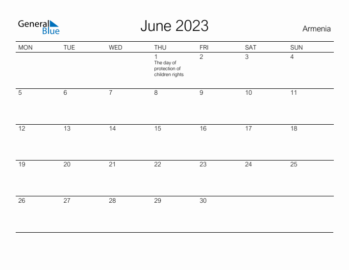 Printable June 2023 Calendar for Armenia