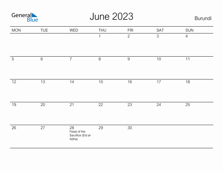 Printable June 2023 Calendar for Burundi