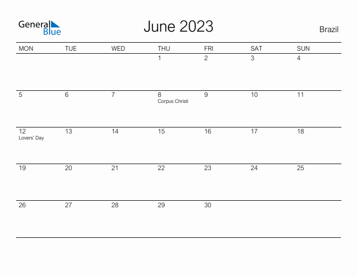 Printable June 2023 Calendar for Brazil