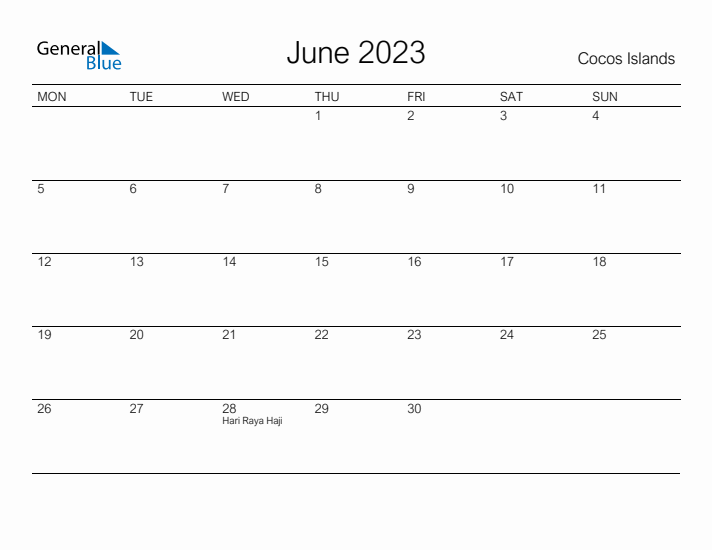 Printable June 2023 Calendar for Cocos Islands