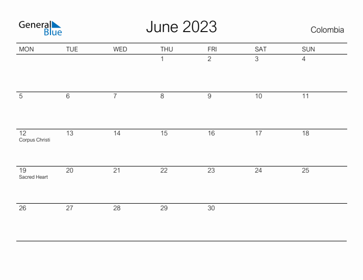 Printable June 2023 Calendar for Colombia