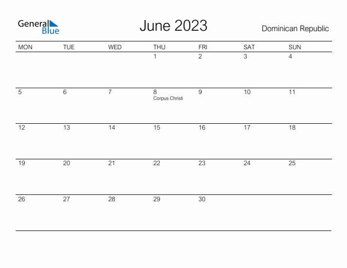 Printable June 2023 Calendar for Dominican Republic