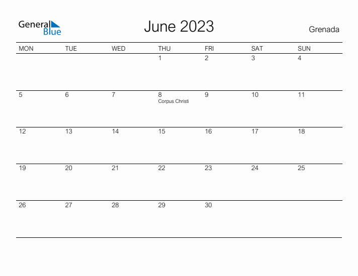 Printable June 2023 Calendar for Grenada