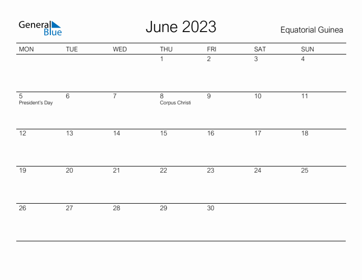 Printable June 2023 Calendar for Equatorial Guinea