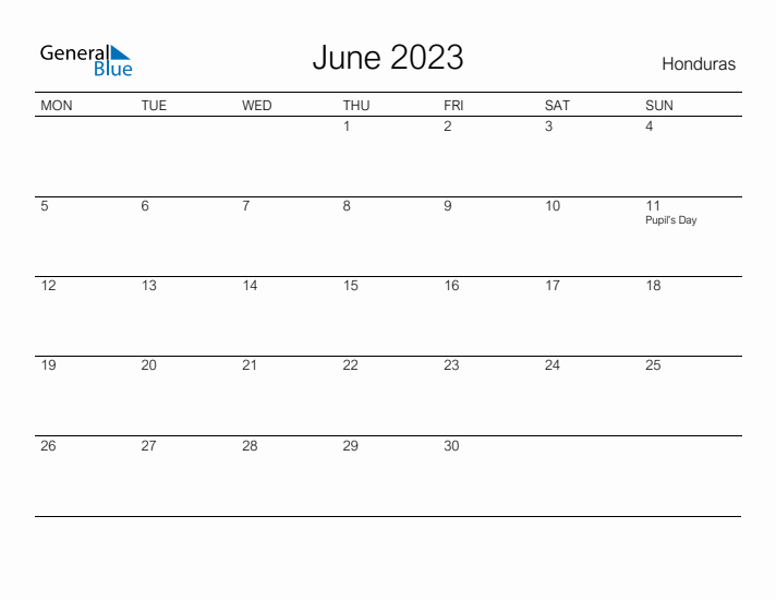 Printable June 2023 Calendar for Honduras