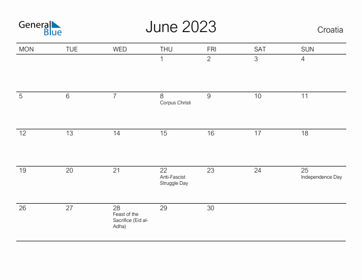 Printable June 2023 Calendar for Croatia