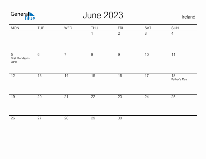 Printable June 2023 Calendar for Ireland