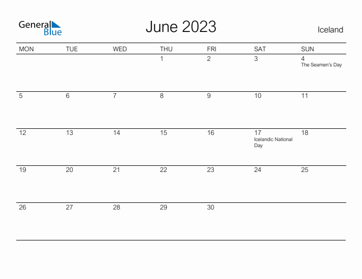 Printable June 2023 Calendar for Iceland