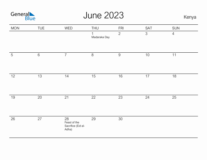 Printable June 2023 Calendar for Kenya