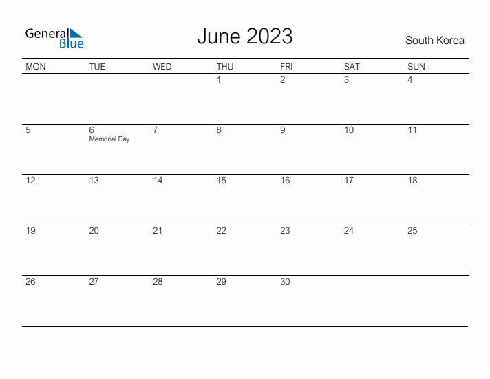 Printable June 2023 Calendar for South Korea