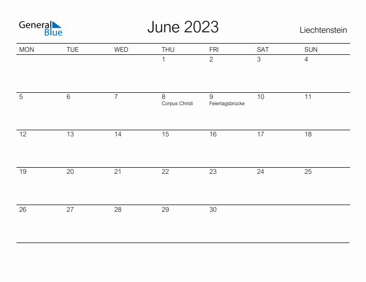 Printable June 2023 Calendar for Liechtenstein