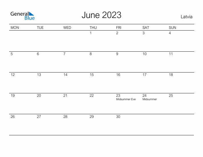 Printable June 2023 Calendar for Latvia