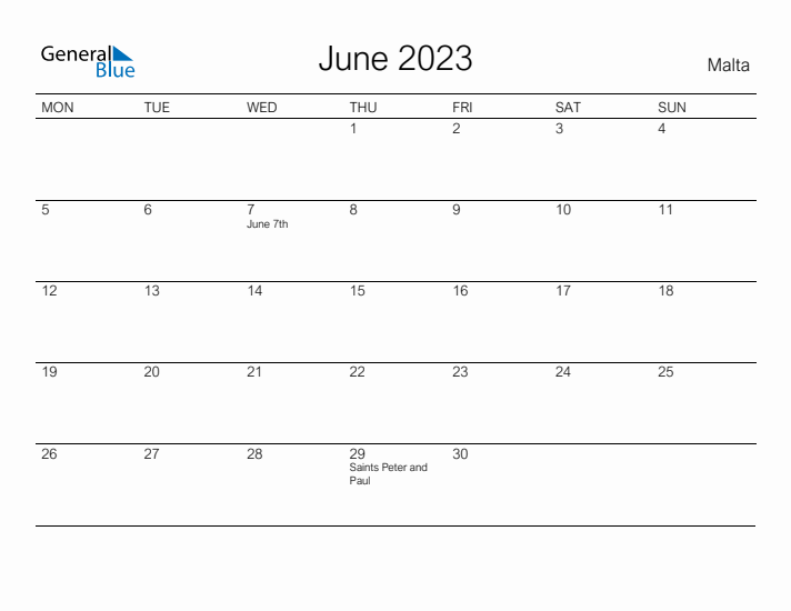 Printable June 2023 Calendar for Malta