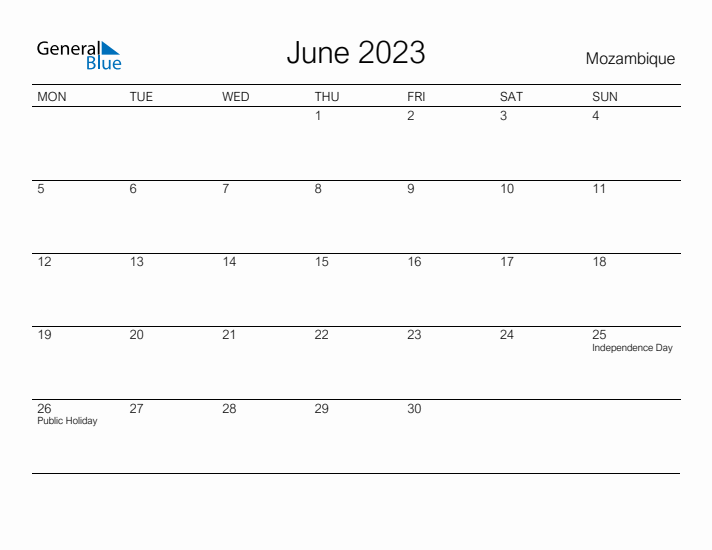 Printable June 2023 Calendar for Mozambique