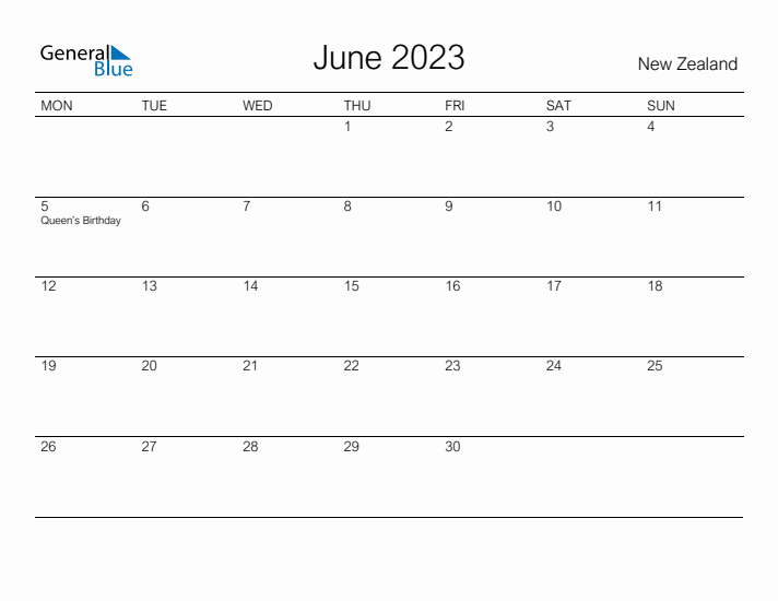 Printable June 2023 Calendar for New Zealand