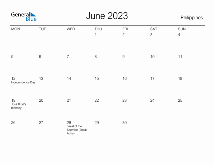 Printable June 2023 Calendar for Philippines