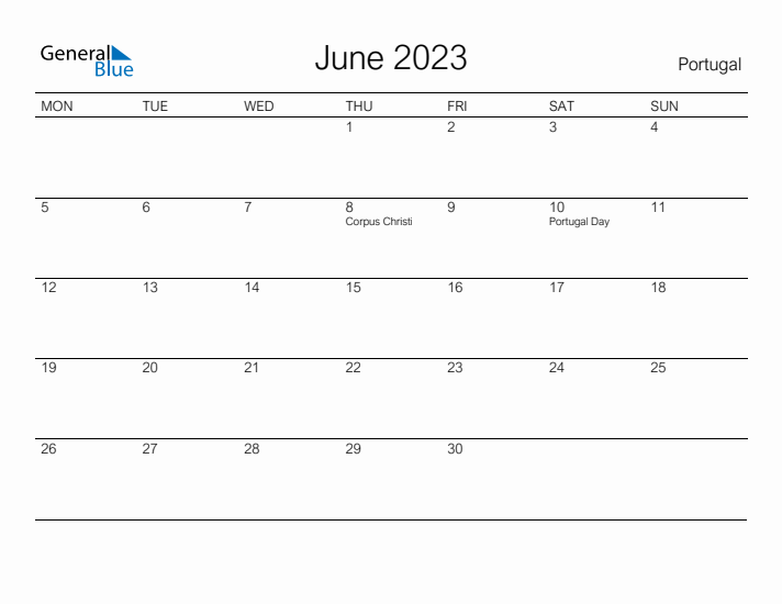 Printable June 2023 Calendar for Portugal