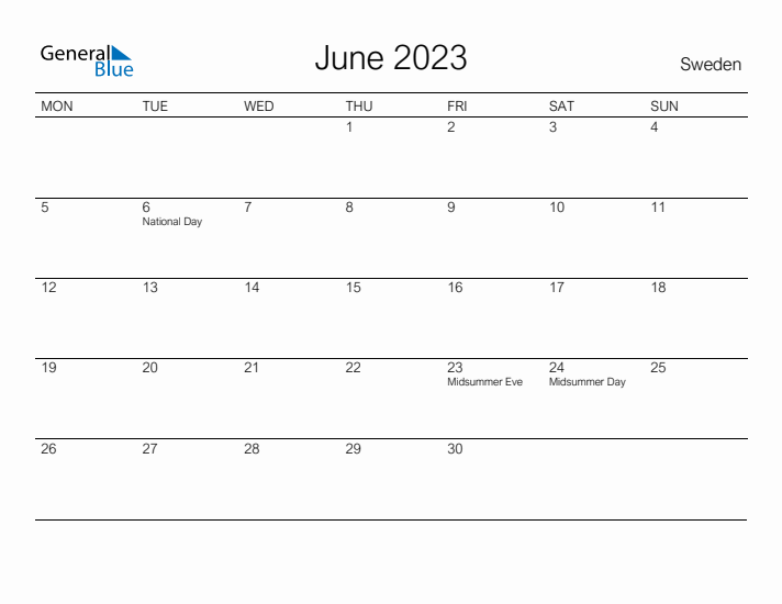 Printable June 2023 Calendar for Sweden