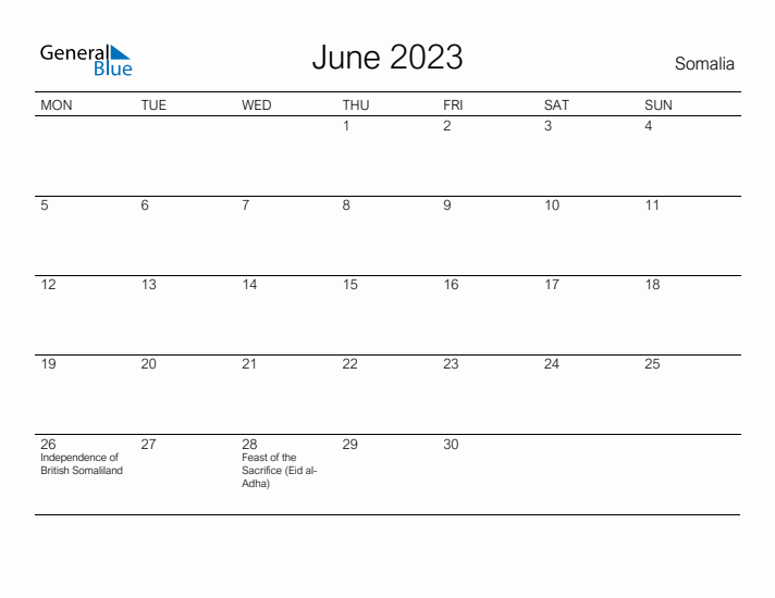 Printable June 2023 Calendar for Somalia