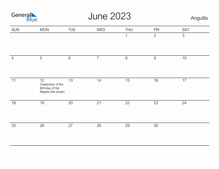 Printable June 2023 Calendar for Anguilla