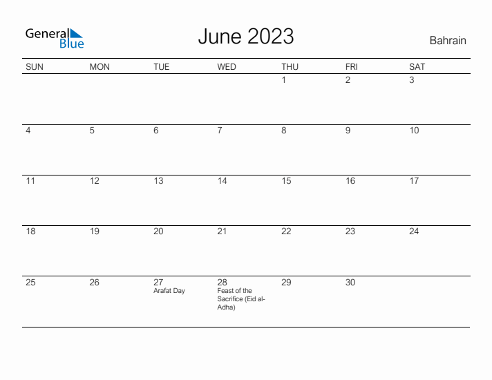 Printable June 2023 Calendar for Bahrain