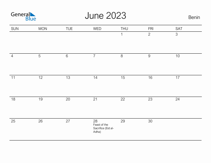 Printable June 2023 Calendar for Benin