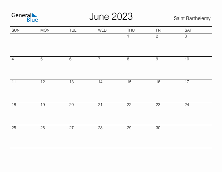 Printable June 2023 Calendar for Saint Barthelemy