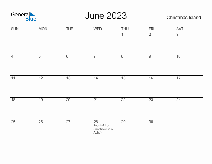 Printable June 2023 Calendar for Christmas Island