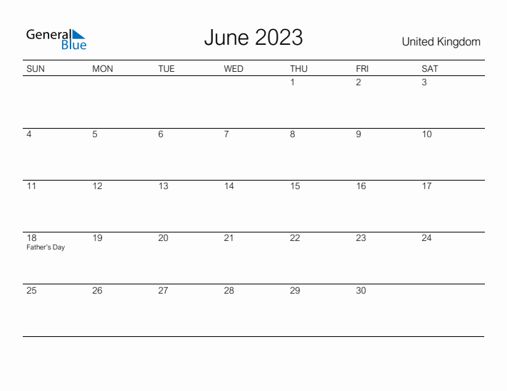 Printable June 2023 Calendar for United Kingdom